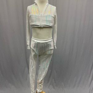 Dance costume white zip crop jacket leggings iridescent sequins size youth small